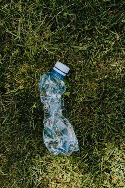A discarded clear plastic water bottle with a white cap lies on a patch of green grass, with blades of grass surrounding it in an outdoor setting. The bottle appears crumpled and partially flattened, 